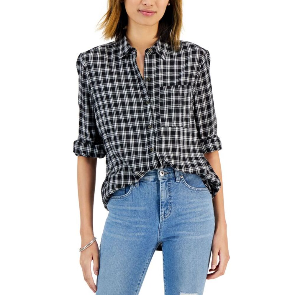 Style & Co Womens Cotton Plaid Button Front Shirt